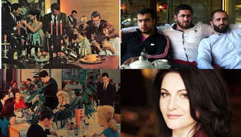 Кавказские мужчины и женщины в ресторан в полнометражный фильм